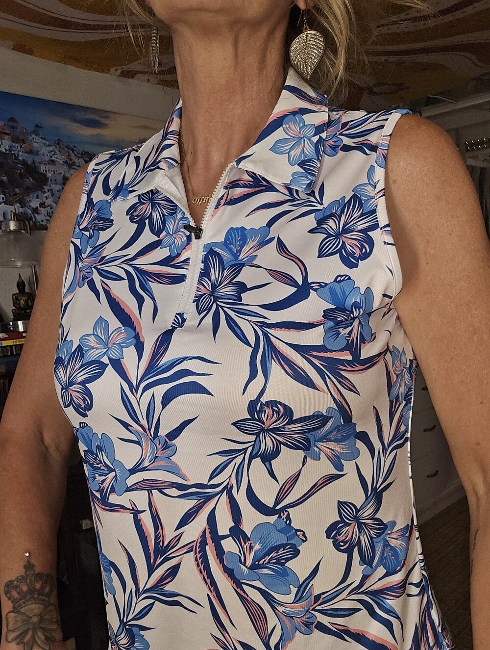 SONEVEN Sleeveless Floral Polo Top - Blue/White - Golf